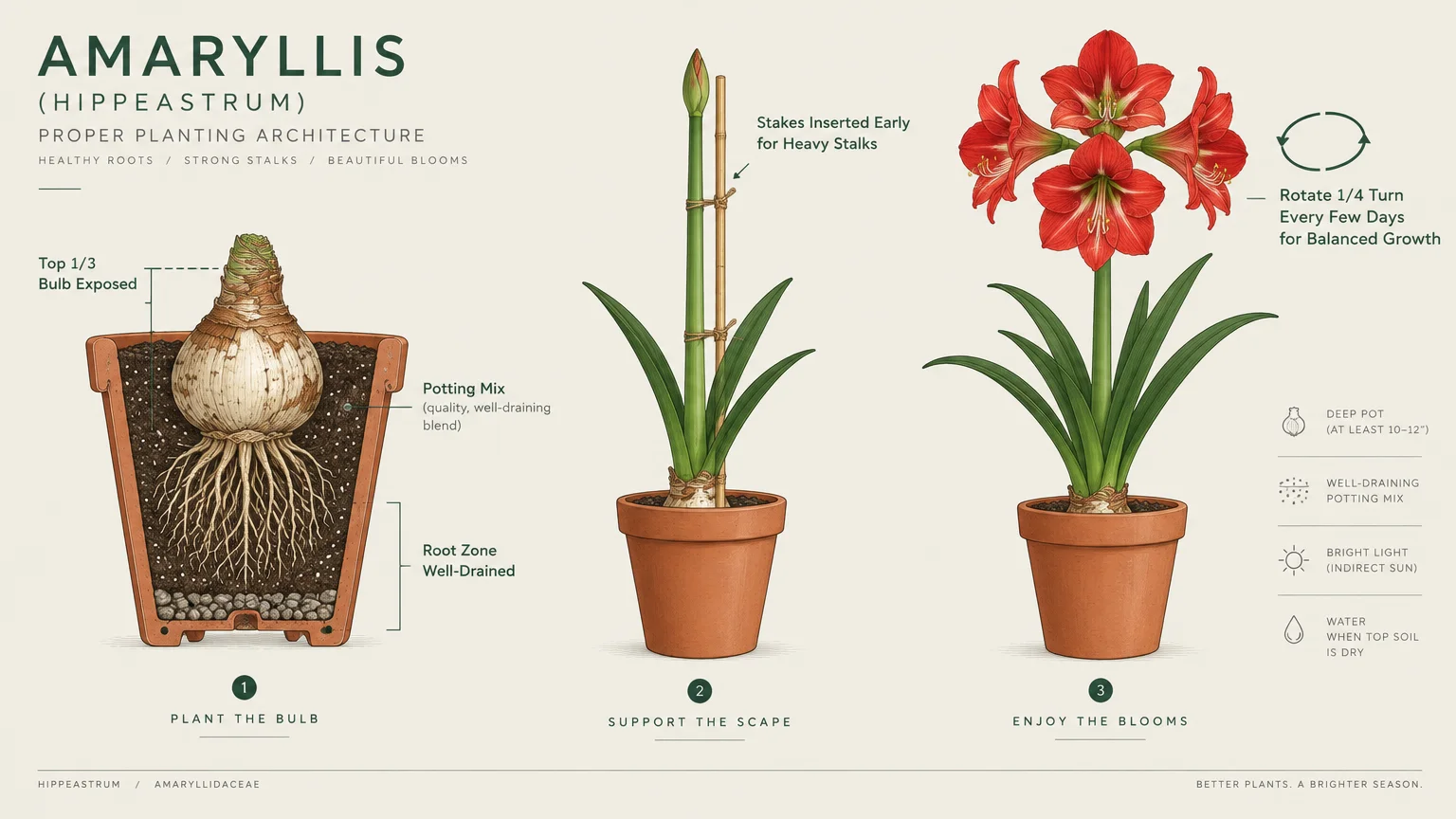 Diagram showing three growth stages of potted amaryllis, from bulb planting depth to flowering with red blooms.
