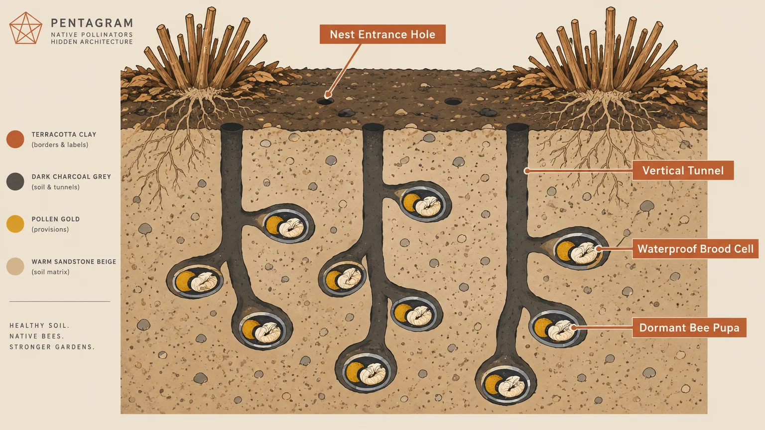 Cross-section diagram of underground tunnels showing labeled nest entrances, vertical tunnels, and pupae in brood cells.