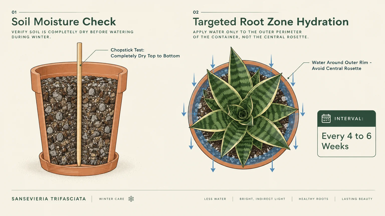 Diagram showing a chopstick soil moisture test in a cross-section pot alongside top-down snake plant watering instructions.