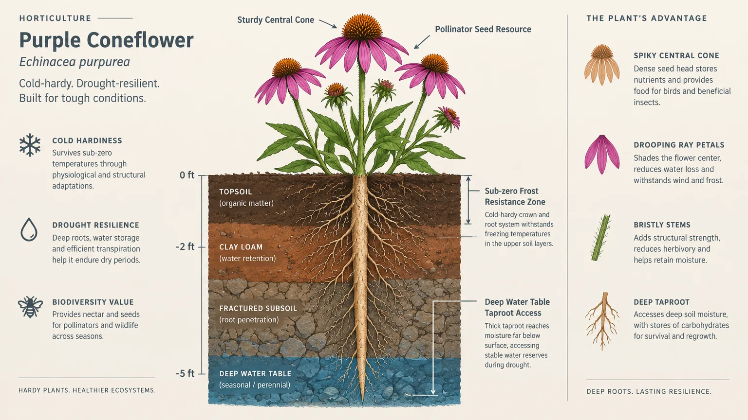Diagram of a purple coneflower showing its deep taproot extending through soil layers to a deep water table.