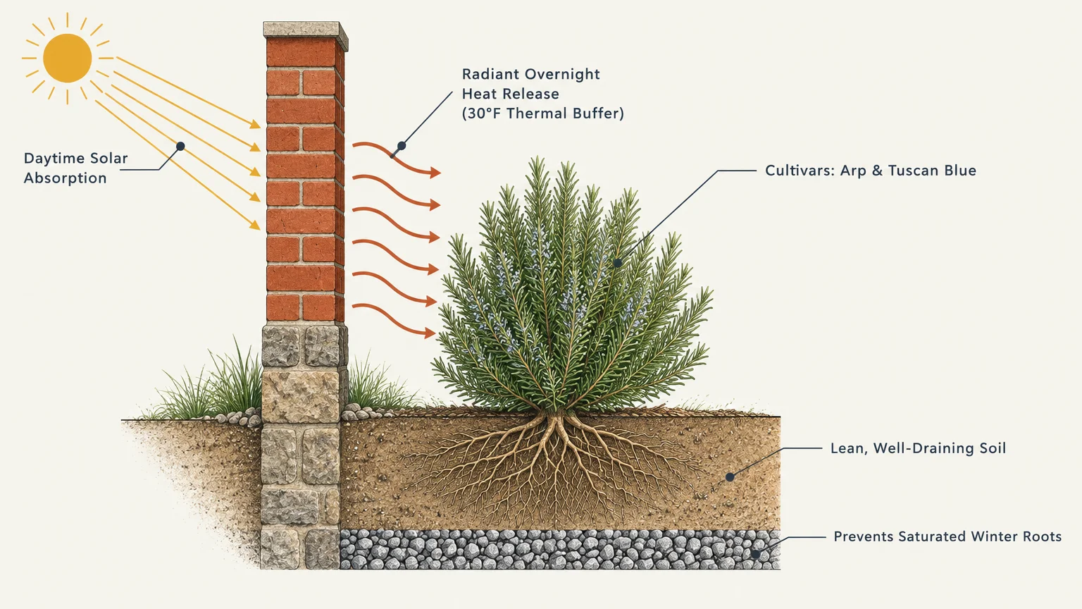 Diagram of a rosemary bush planted beside a brick wall absorbing sunlight and radiating overnight heat to the plant.