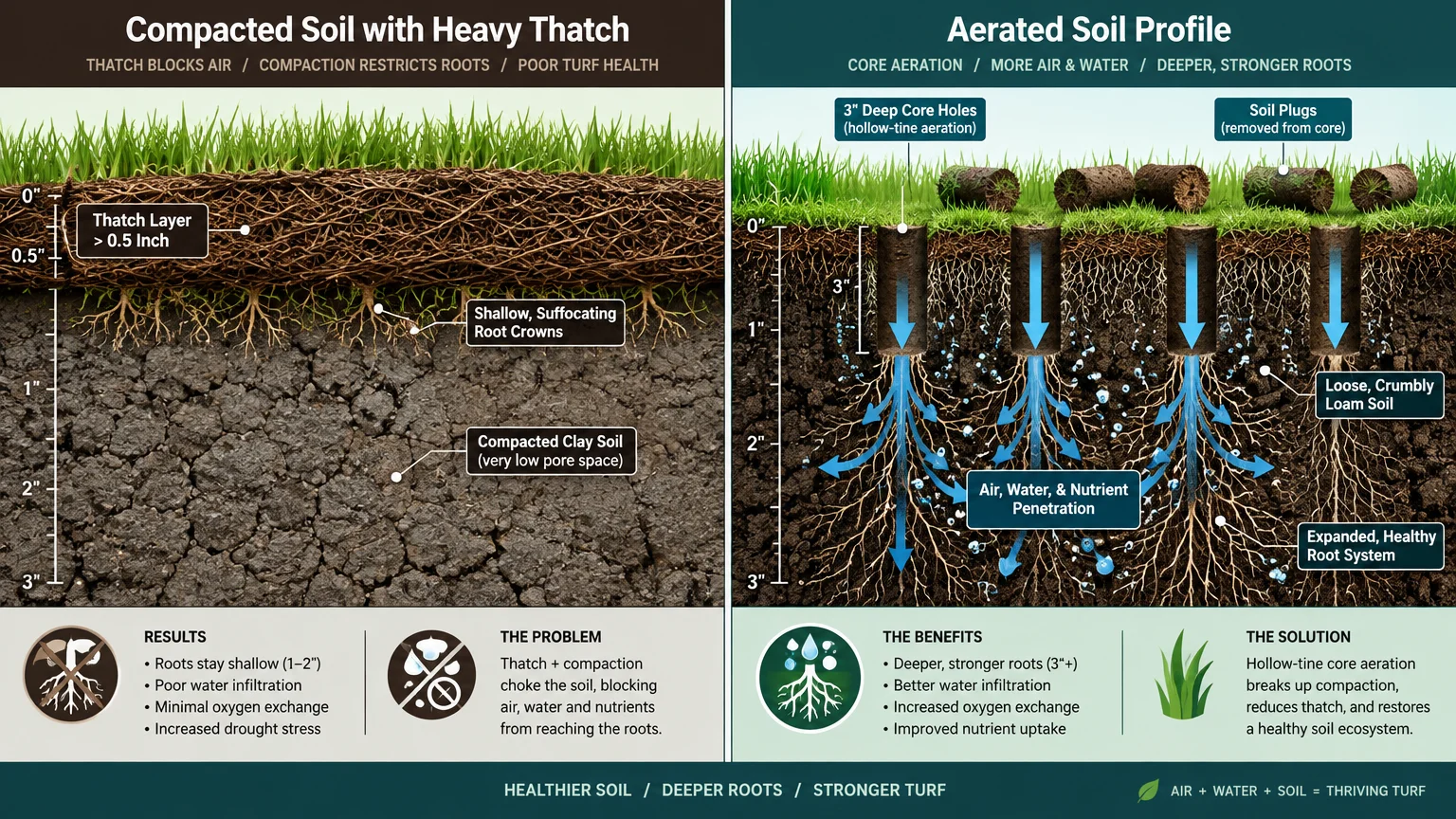 Cross-section diagram comparing compacted soil with thick thatch to an aerated soil profile showing deep core holes.