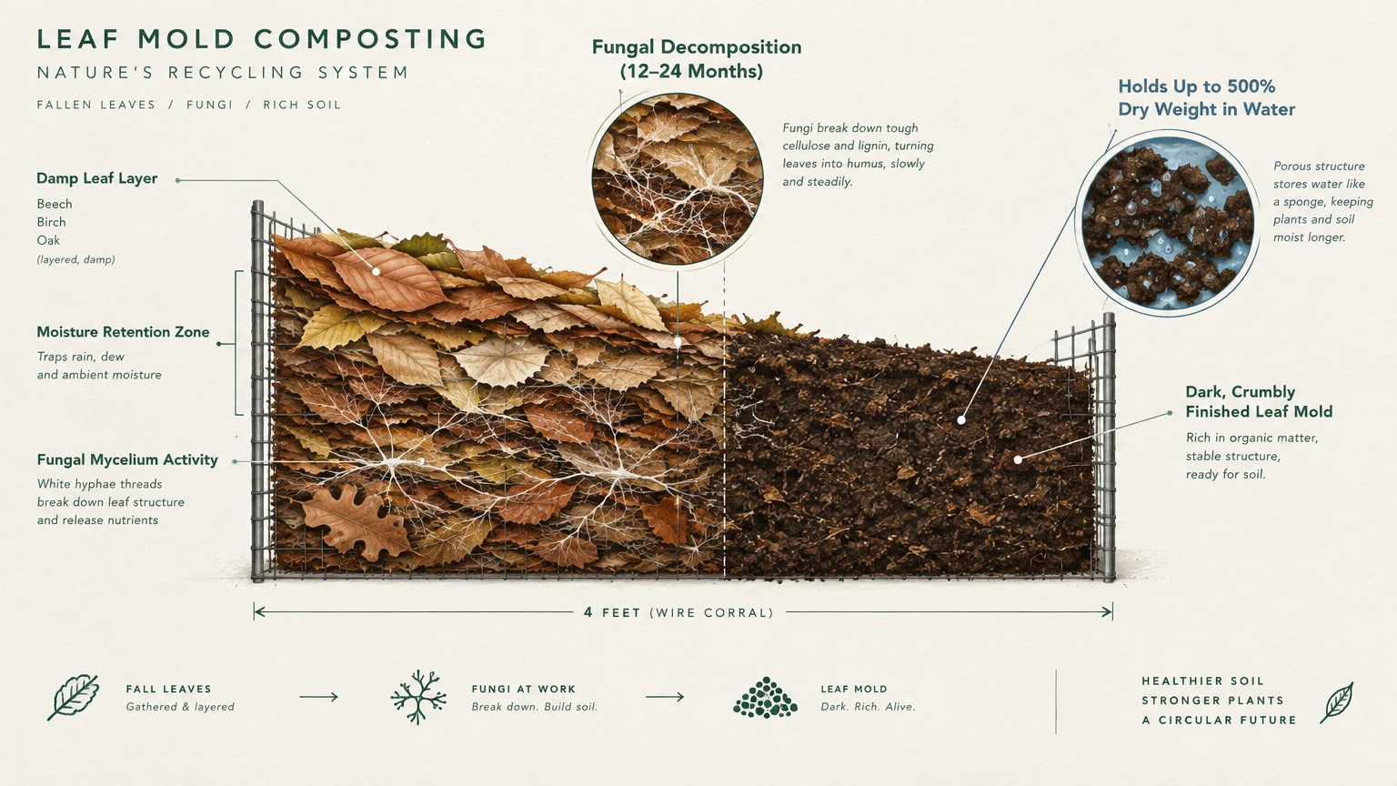 Diagram of a four-foot wire bin showing damp leaves decomposing into dark leaf mold via fungal mycelium.