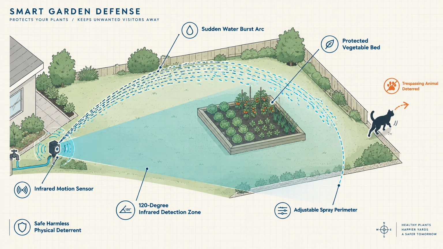 Diagram of a backyard showing a motion-sensor sprinkler casting an arc of water spray over a garden bed to deter a cat.