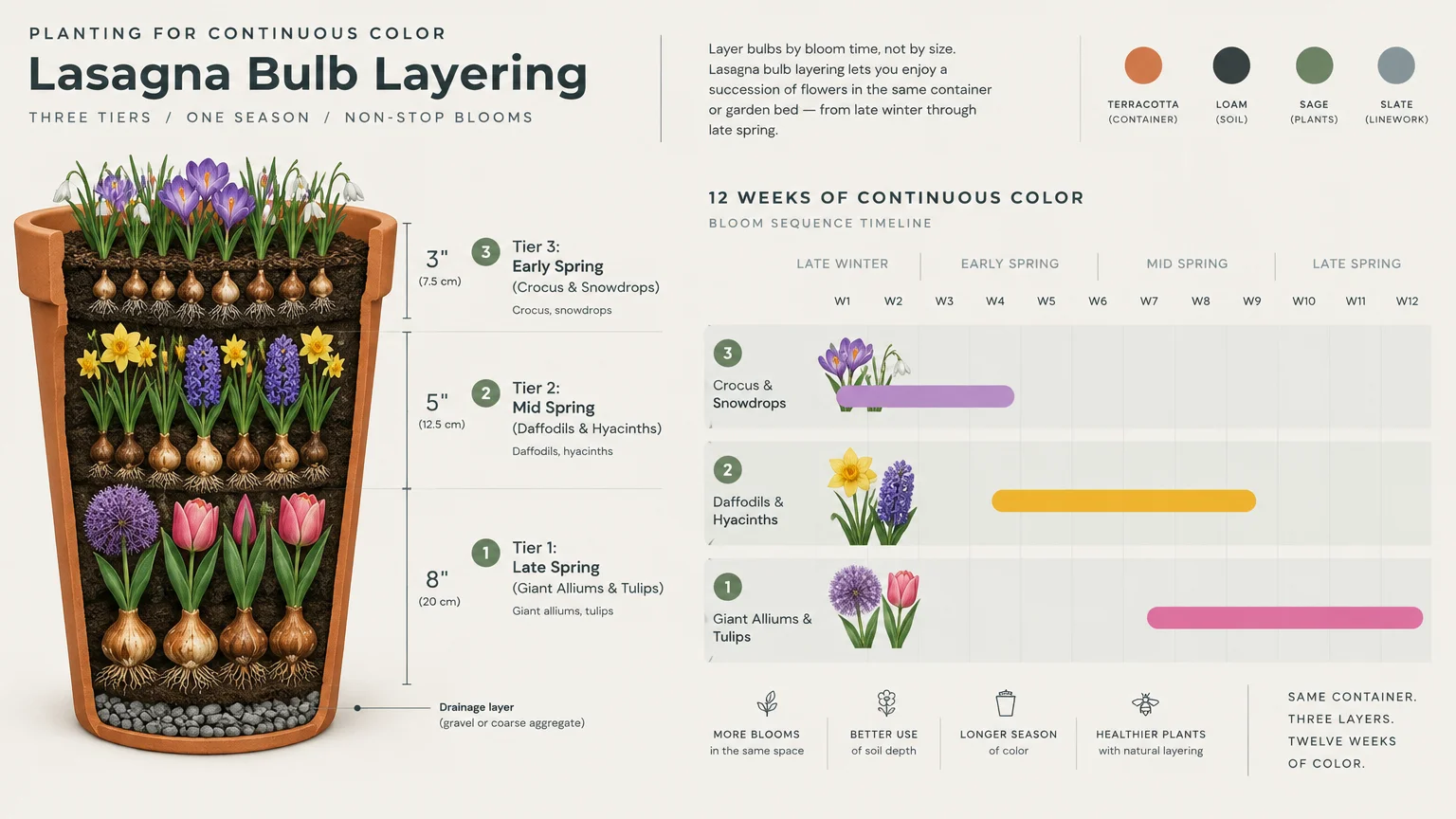 Diagram of lasagna bulb layering in a terracotta pot paired with a 12-week bloom sequence timeline.