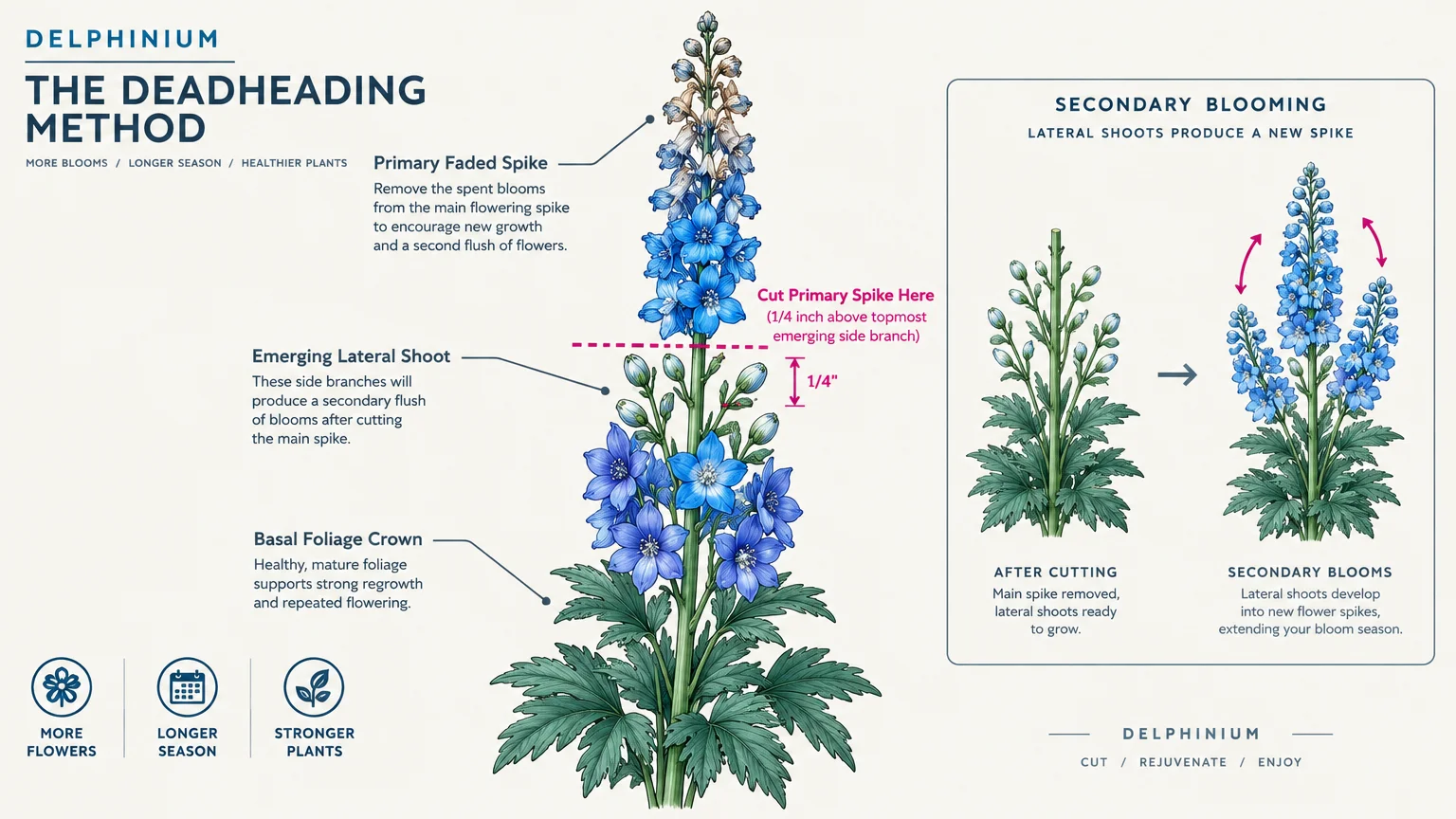 Botanical diagram explaining where to cut a delphinium flower spike to stimulate secondary blooming from lateral shoots.
