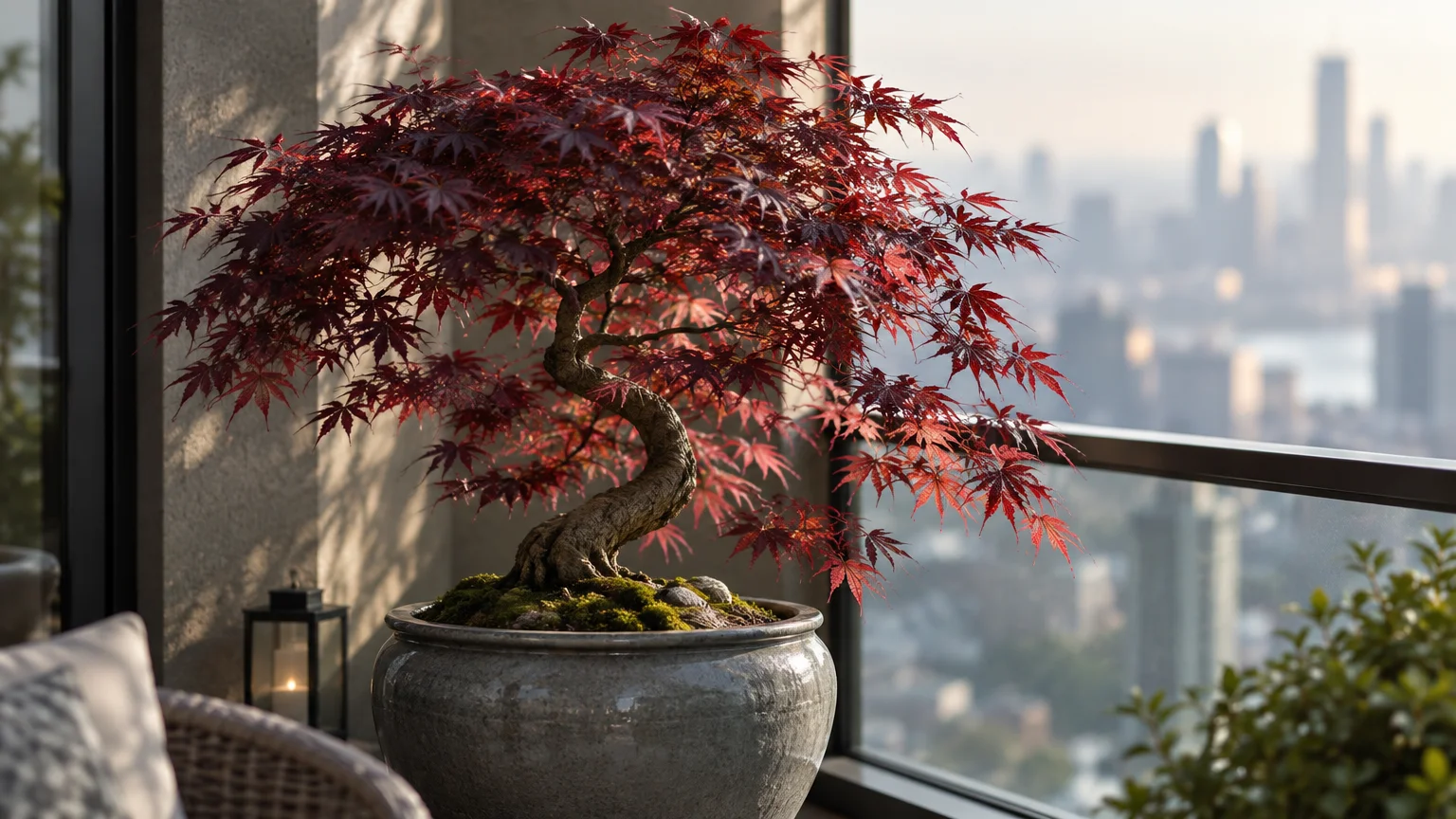 Potted bonsai Japanese maple with deep red leaves on a high-rise balcony overlooking a hazy city skyline.