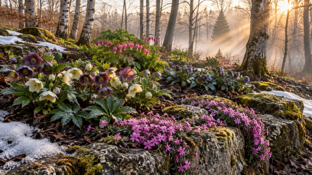Hellebores, bleeding hearts, and pink creeping phlox blooming in a wooded, mossy rock garden beside lingering snow patches.