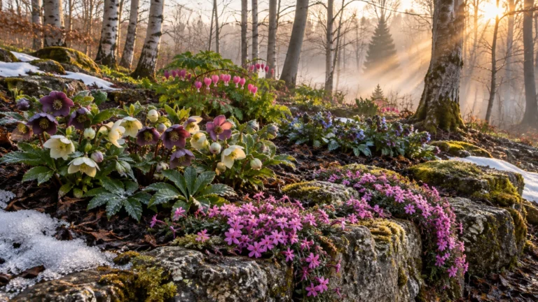 Hellebores, bleeding hearts, and pink creeping phlox blooming in a wooded, mossy rock garden beside lingering snow patches.
