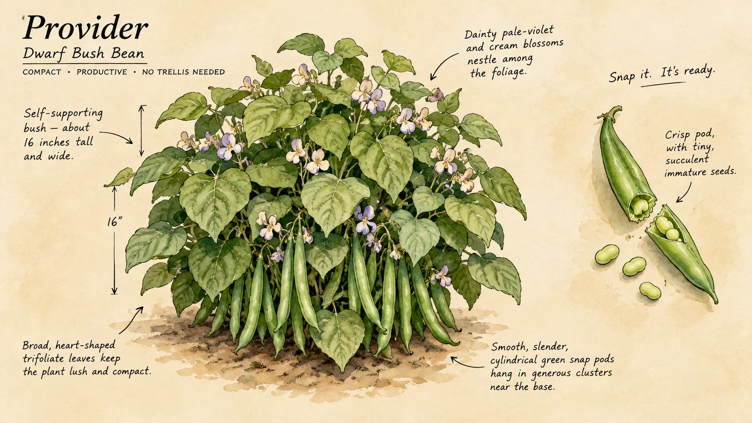Botanical illustration of a Provider dwarf bush bean plant with foliage, flowers, hanging pods, and a snapped bean.
