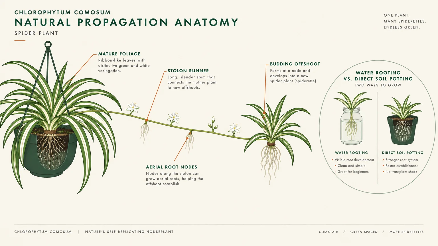 Diagram illustrating spider plant natural propagation anatomy, showing a runner with nodes and offshoots, plus rooting methods.