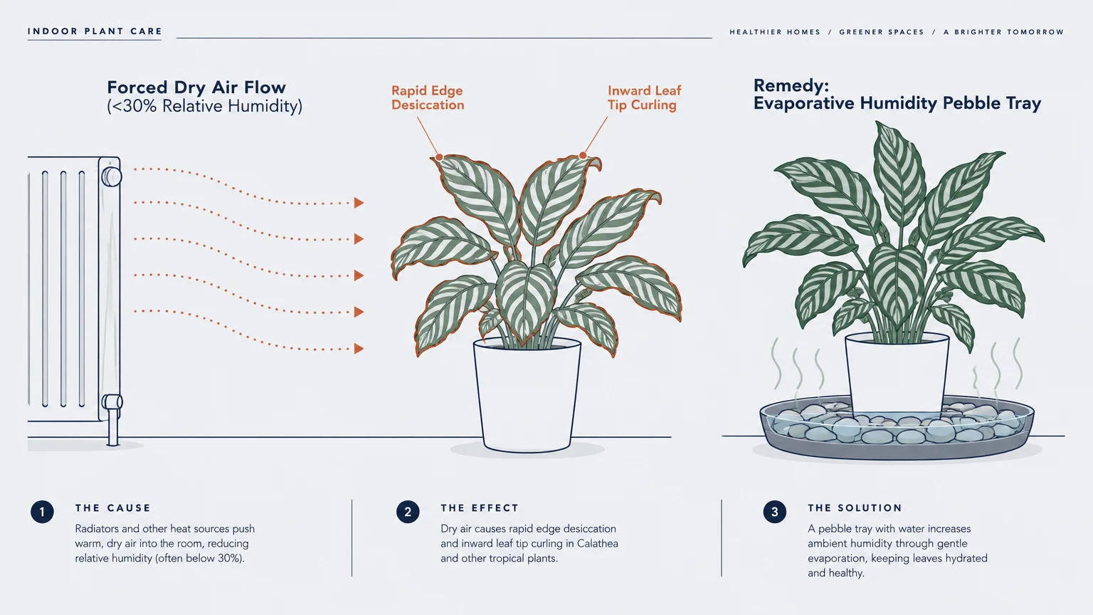 Diagram comparing a potted plant damaged by radiator heat to one protected by an evaporative humidity pebble tray.