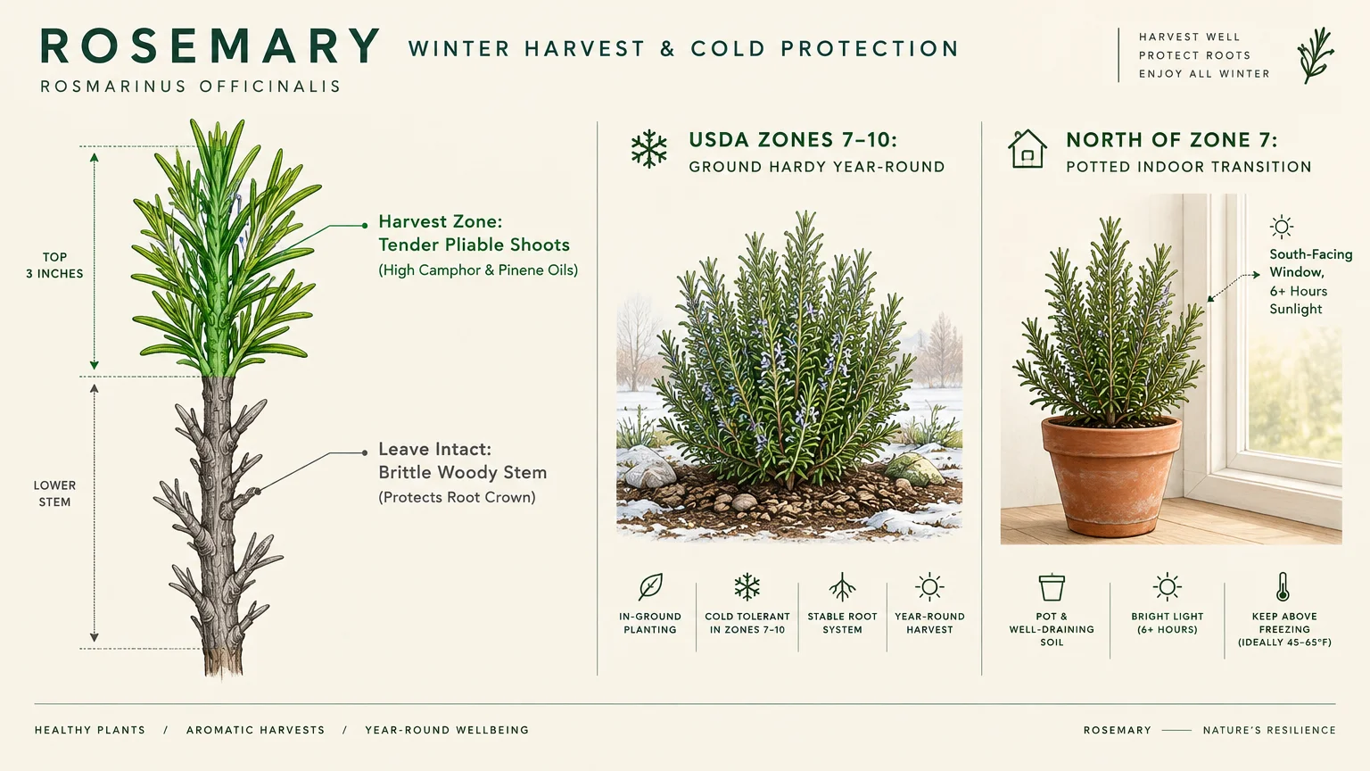 Rosemary infographic showing harvest zones on a stem, an outdoor bush in snow, and an indoor potted plant by a window.