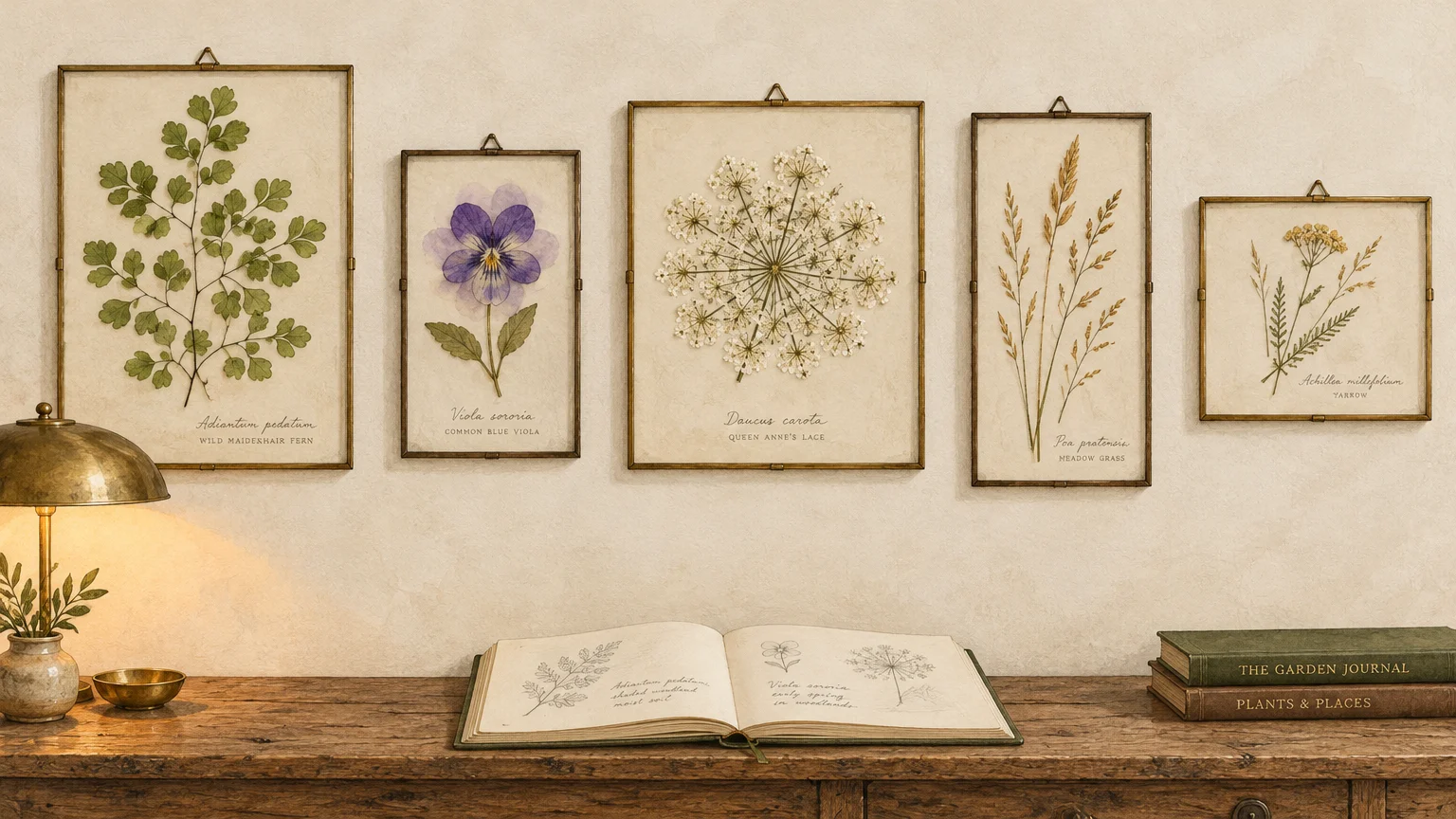 Five framed botanical specimens hanging above a rustic wooden table with an open botanical notebook and books.