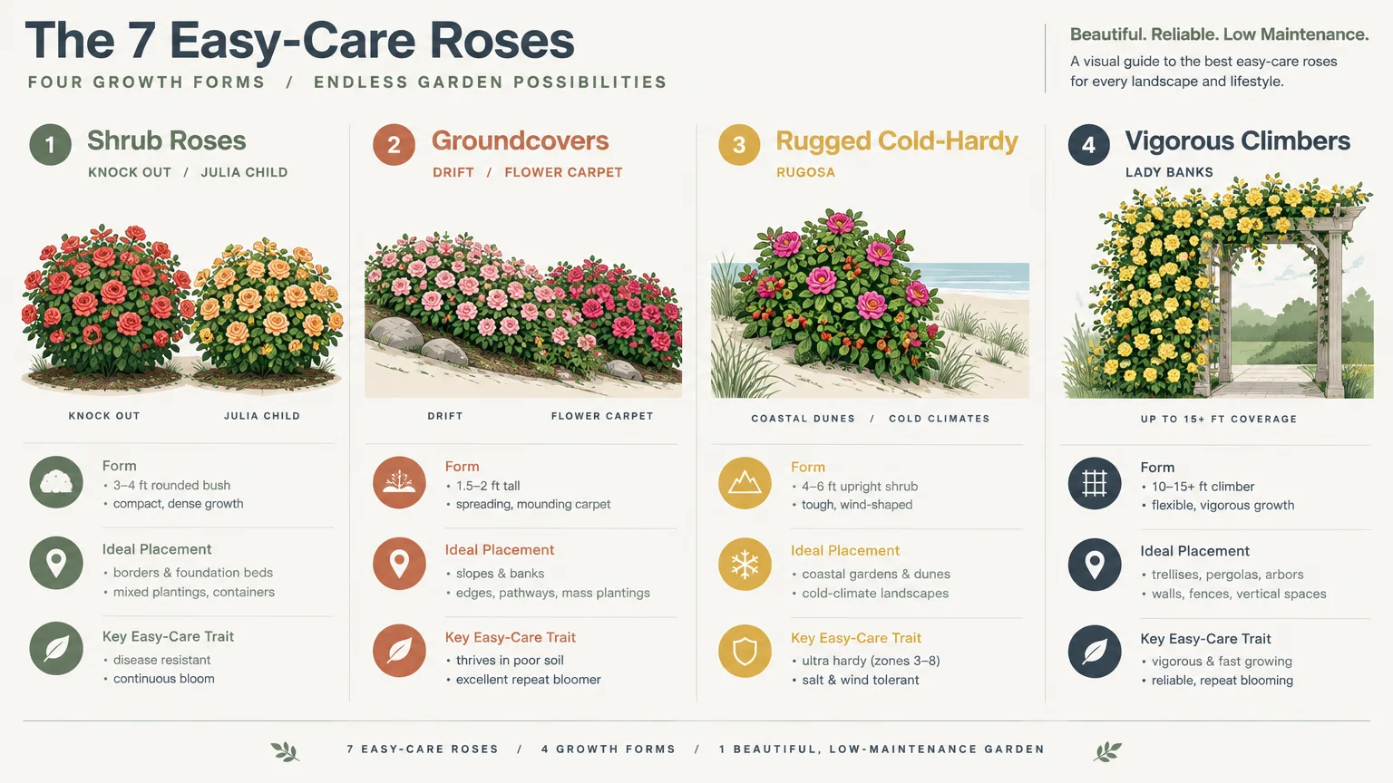 Infographic comparing shrub, groundcover, rugged cold-hardy, and climbing roses by form, ideal placement, and key traits.