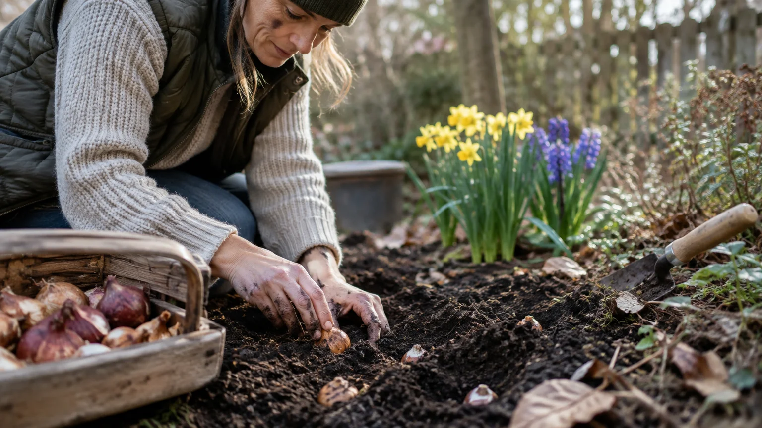 A woman kneeling in a garden bed plants flower bulbs into dark soil next to a wooden basket and blooming daffodils.