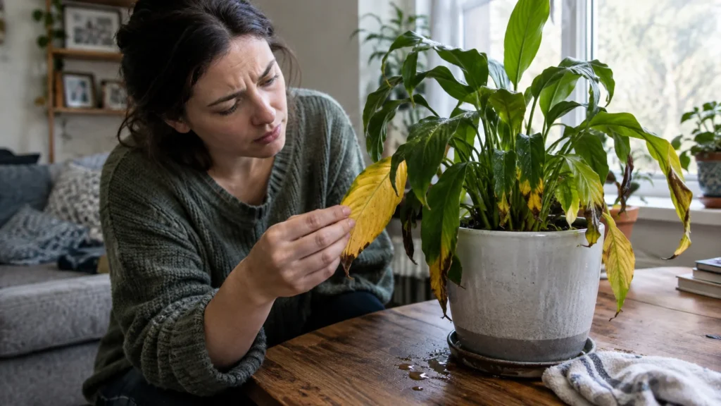A woman inspects a yellowing, wilted leaf on a potted peace lily sitting on a wet wooden table.