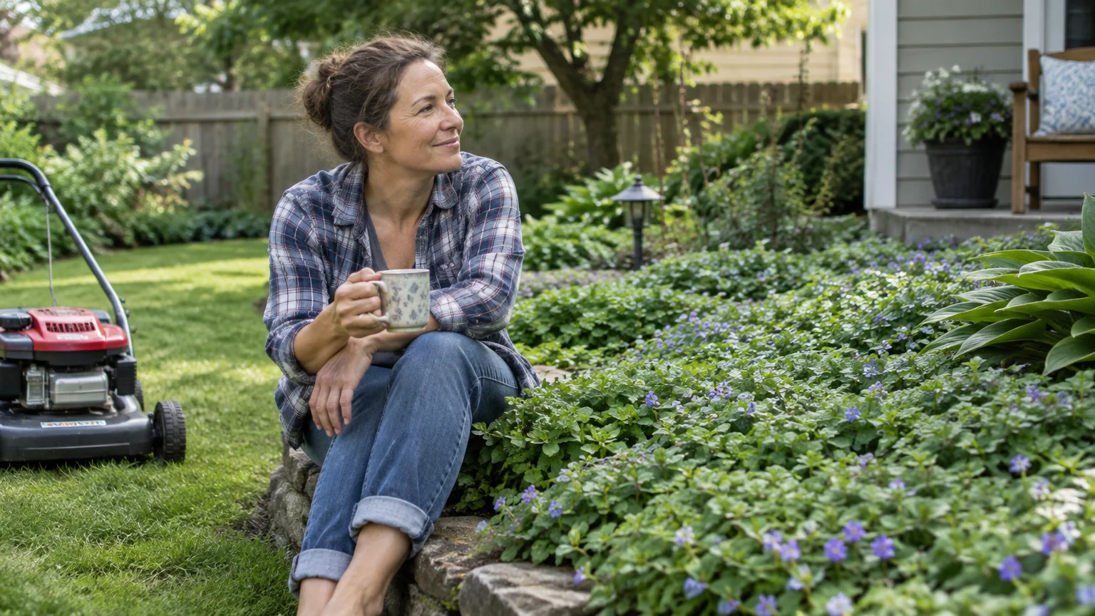 A smiling woman holding a mug sits beside a stone-bordered garden bed filled with low-growing purple ground cover.