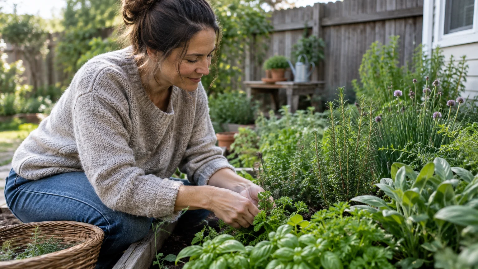 A woman kneels beside a wooden raised garden bed tending lush green herbs, with a woven basket resting nearby.