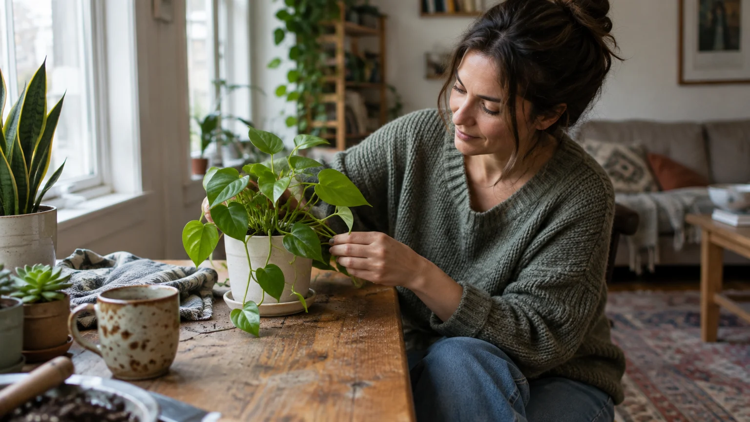 A woman in a green sweater tends to a potted plant on a rustic wooden table indoors.