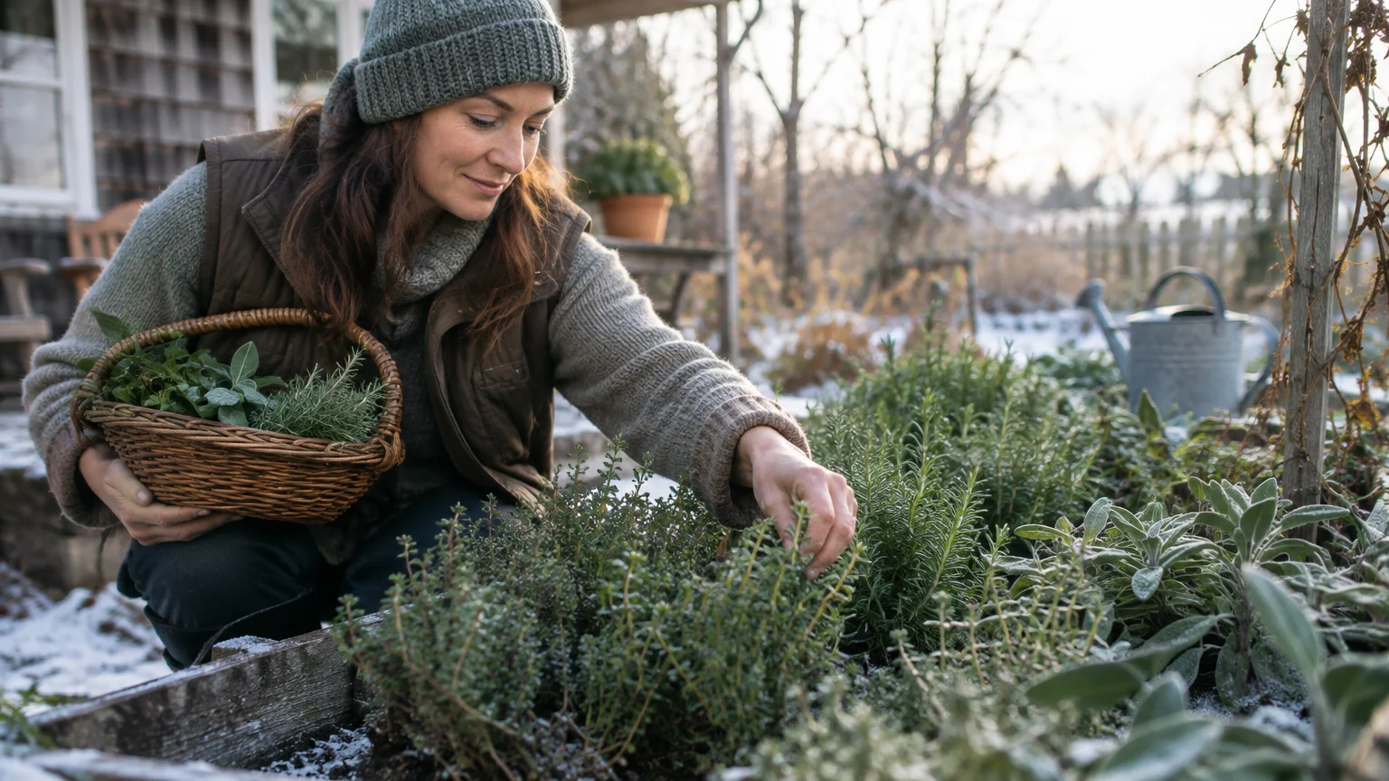 A woman in a knit hat kneels by a frosty garden bed, picking fresh herbs into a small woven basket.
