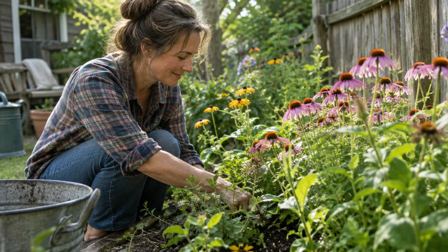 A smiling woman kneels tending a garden bed filled with purple coneflowers and yellow blooms along a wooden fence.