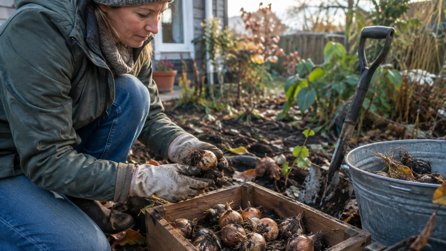 A woman kneeling in an autumn garden places harvested flower bulbs into a wooden crate next to a metal bucket and spade.