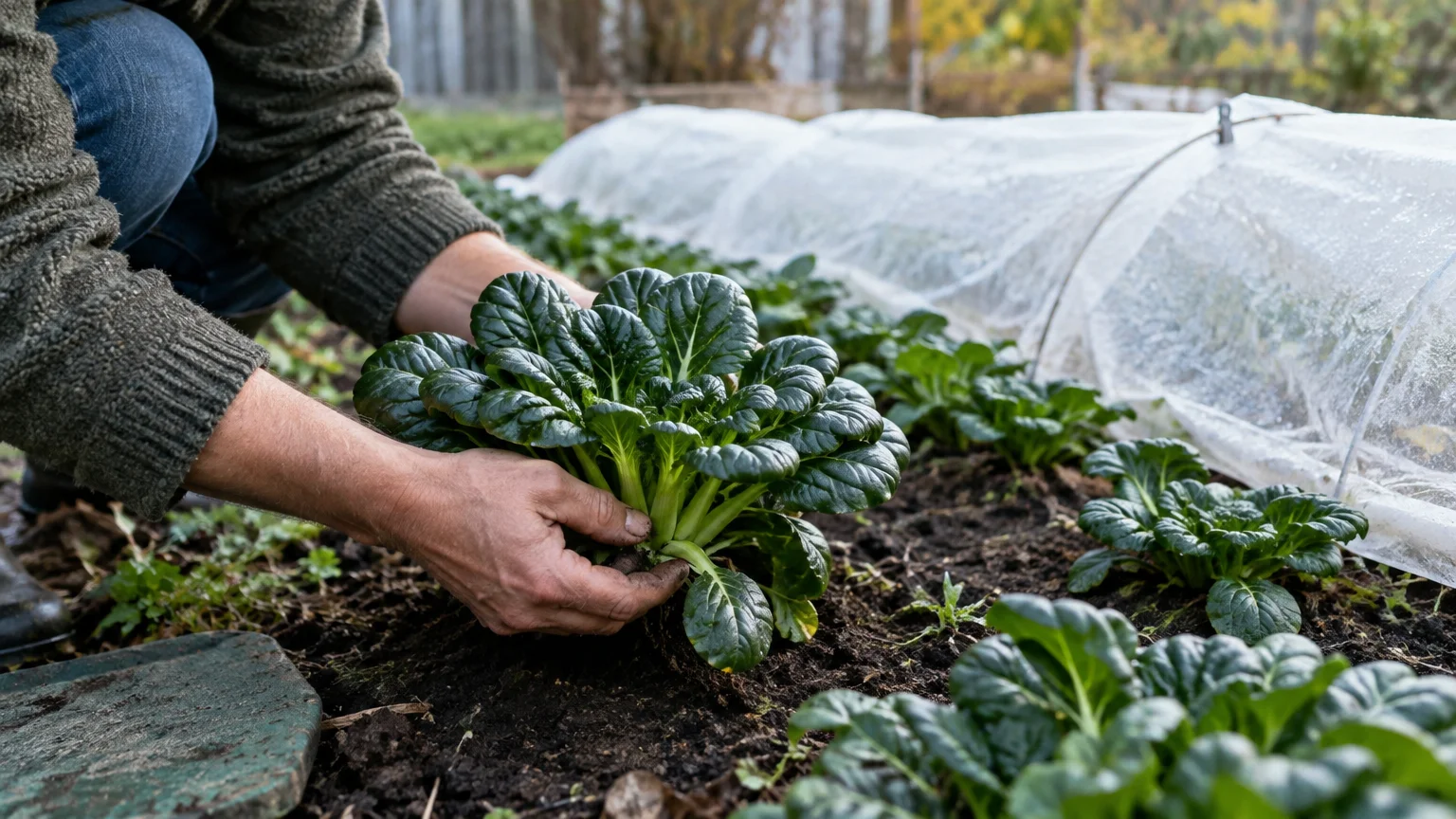 A gardener holds a dark green rosette of tatsoi growing in soil beside a white fabric row cover.