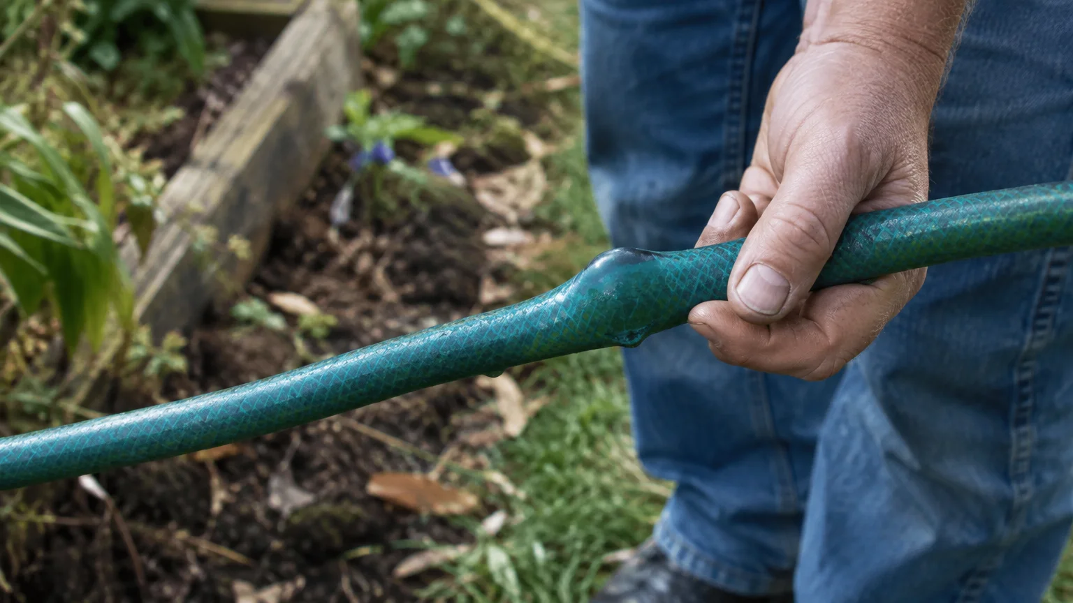 A person holding a green garden hose that has a prominent bulging blister along its length.