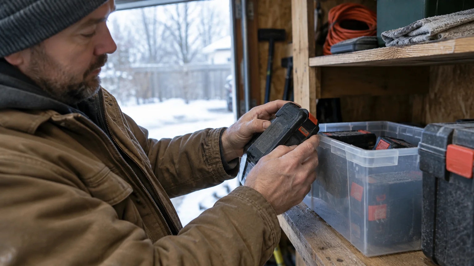 A man in a winter coat examines a tool battery beside a plastic storage bin on a wooden shed shelf.