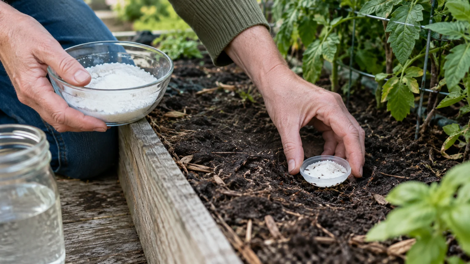 A gardener places a small dish of white sugar and borax mixture into the soil of a raised garden bed.