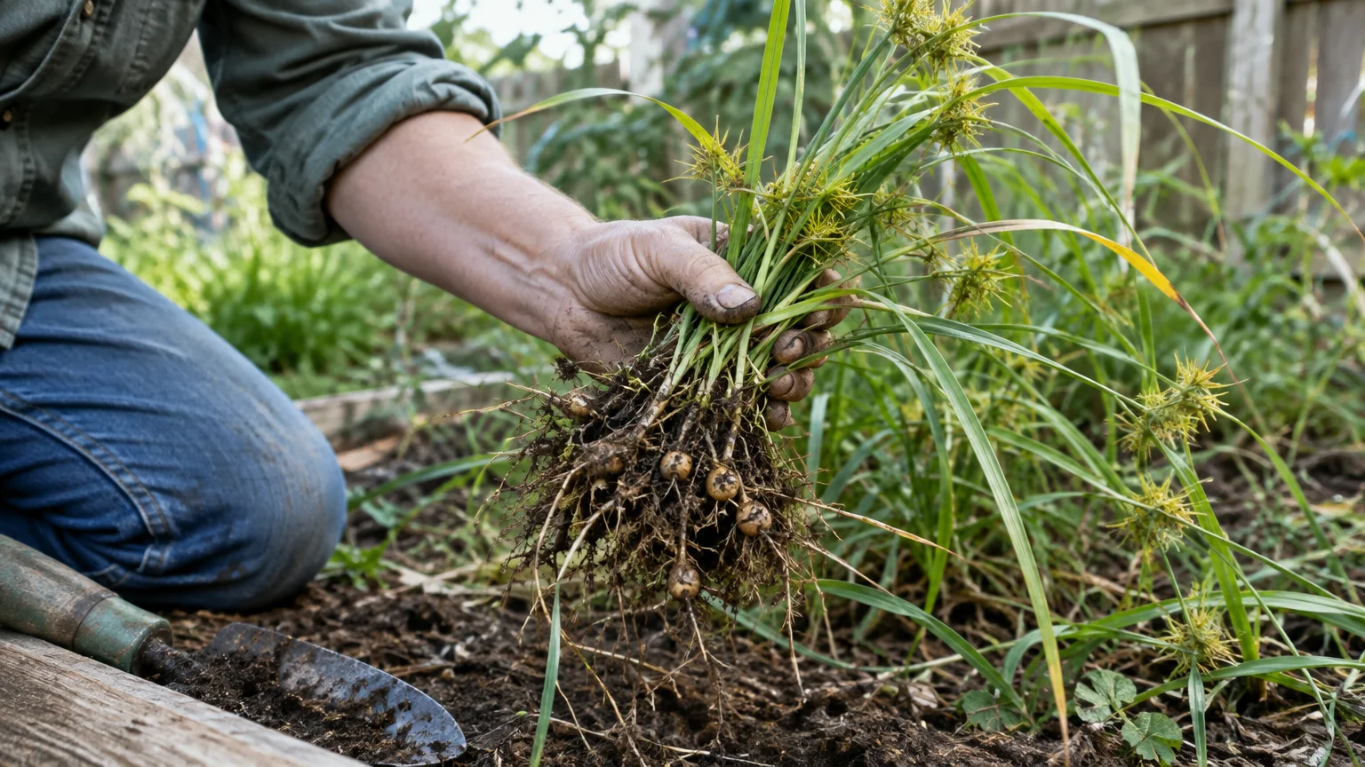A person holding an uprooted bunch of nutsedge showing dirty roots and small rounded tubers over a garden bed.