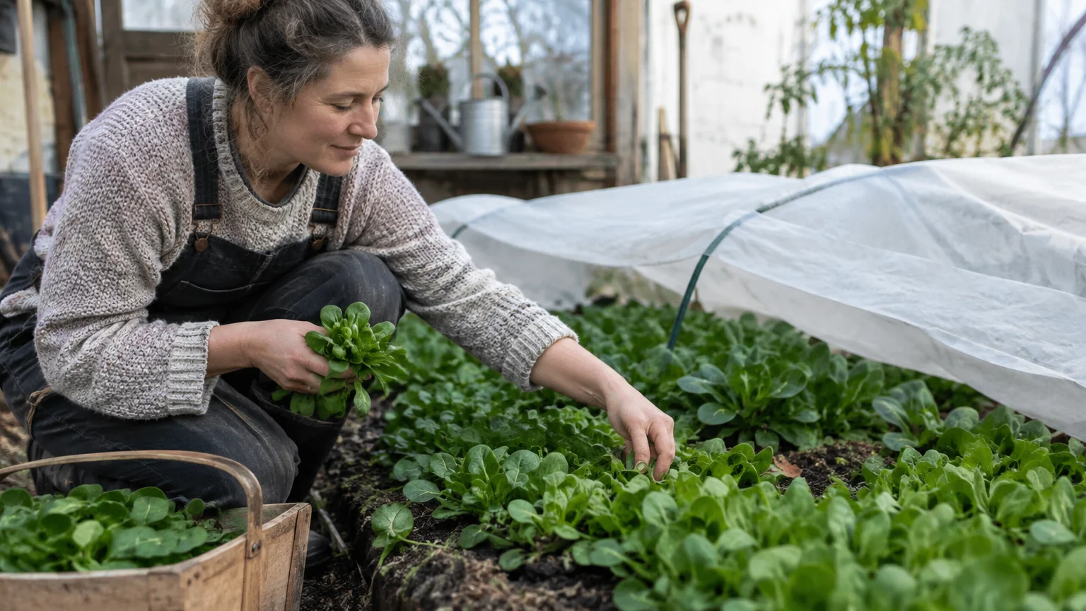 A woman harvests small green leafy rosettes from a garden bed beside a white fabric row cover inside a greenhouse.