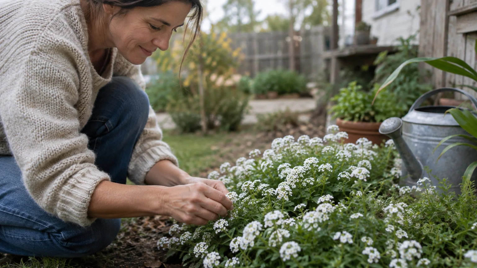A woman kneeling in a garden and tending to a cluster of small white flowers near a watering can.