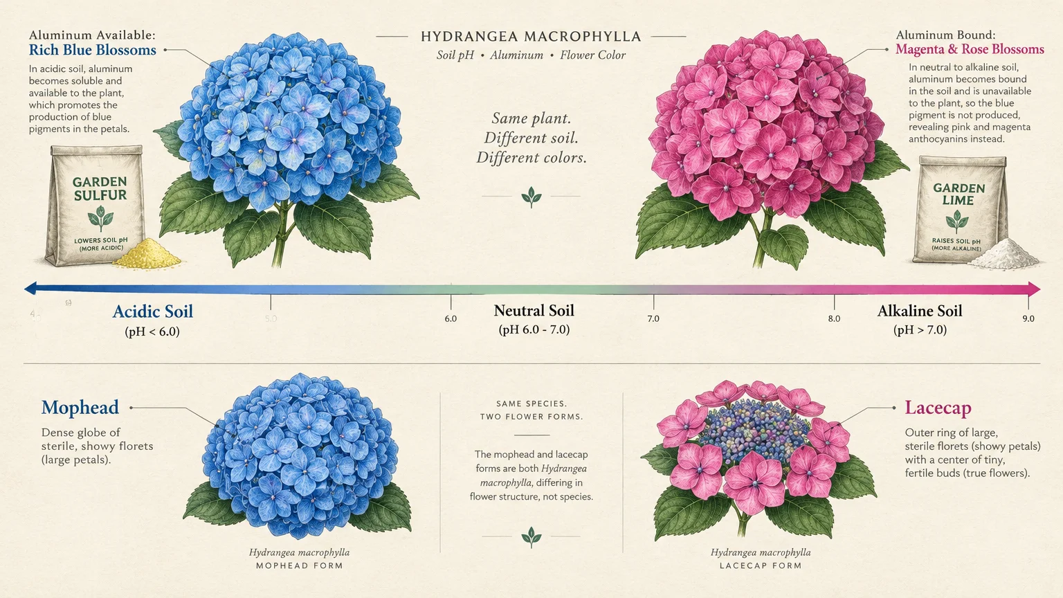 Diagram of Hydrangea macrophylla showing flower color across a soil pH scale, alongside mophead and lacecap varieties.