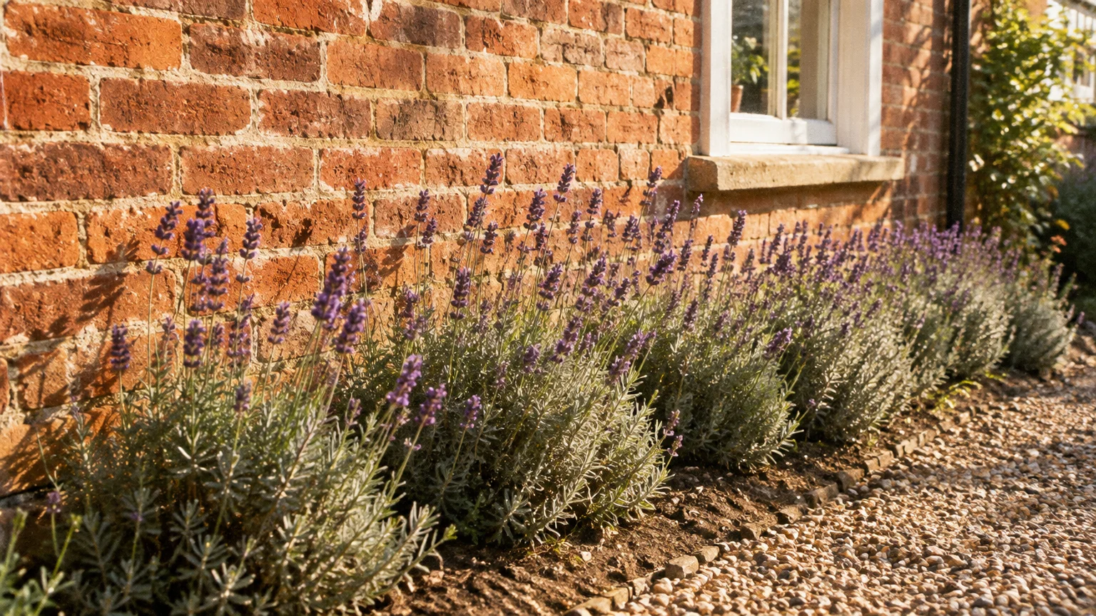 A row of flowering purple lavender bushes planted in front of an exterior red brick wall beside a gravel path.