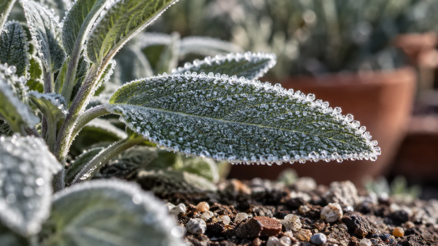 Close-up of green sage leaves lined with sparkling frost crystals growing in gritty soil outdoors.