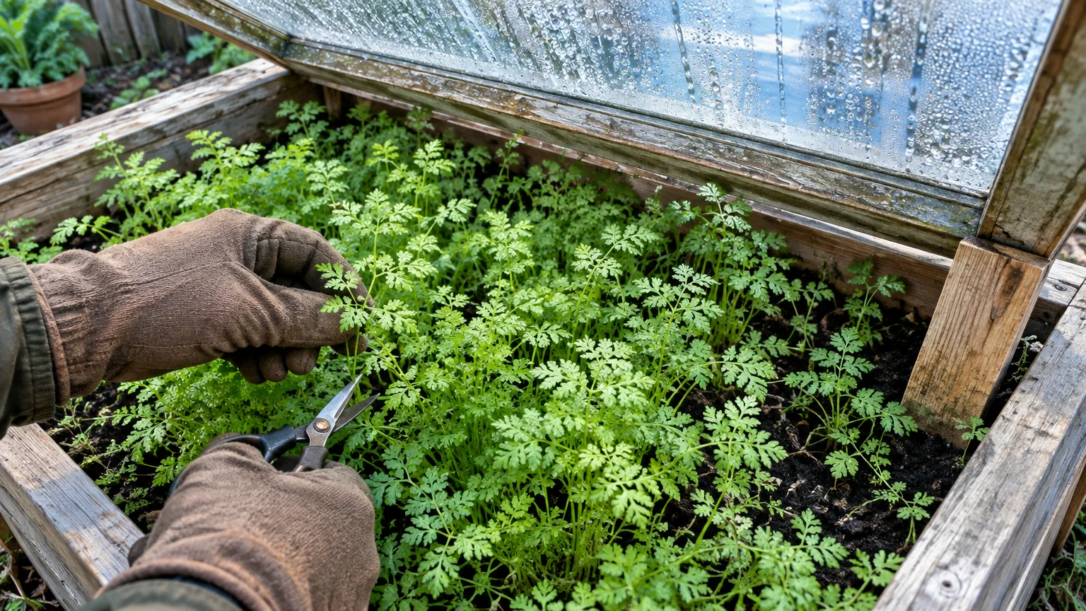 Gloved hands use small shears to harvest delicate green chervil growing inside a wooden cold frame with a propped glass lid.