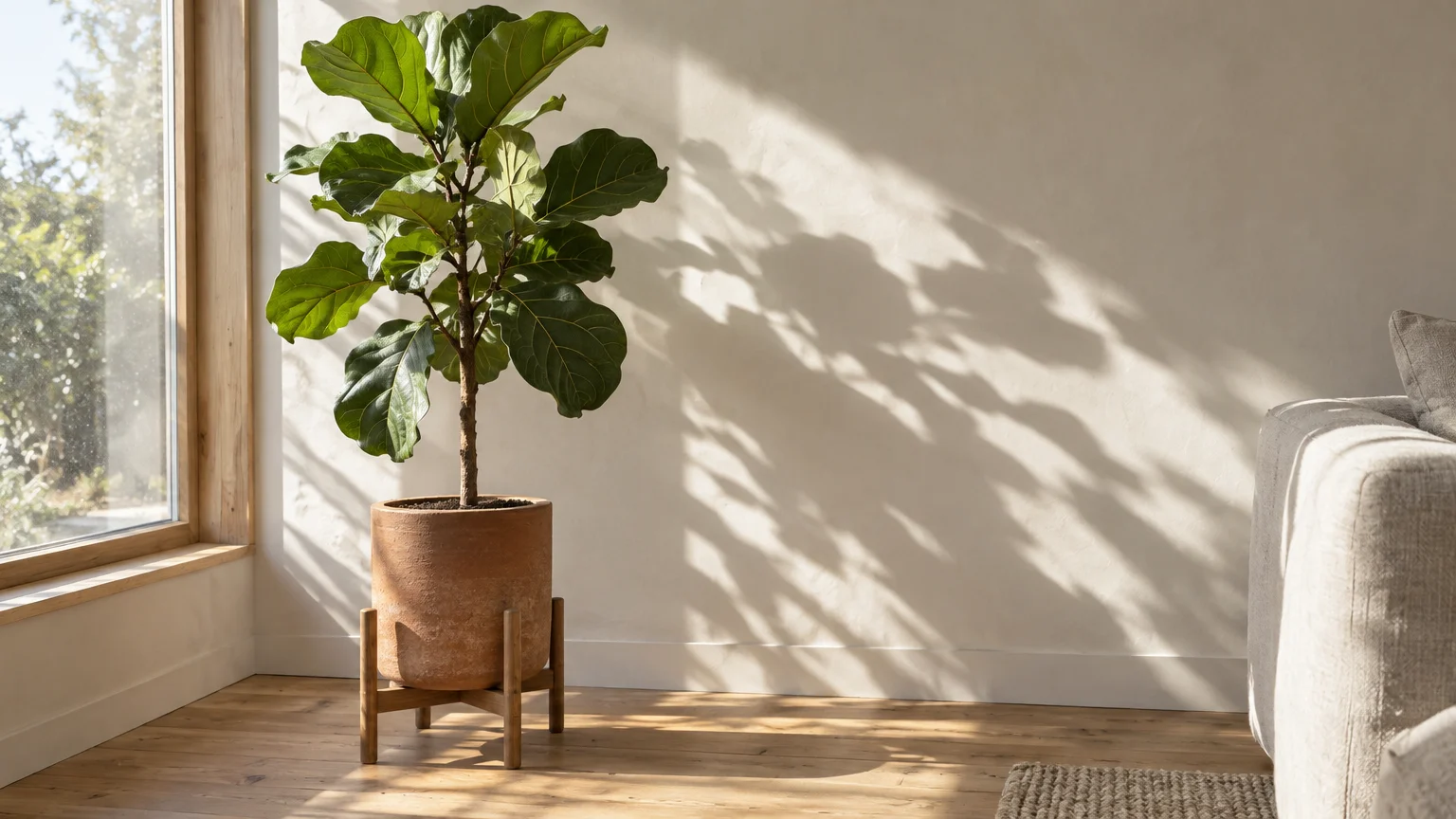 Potted fiddle leaf fig on a wooden plant stand by a sunny window, casting shadows on a white wall in a living room.