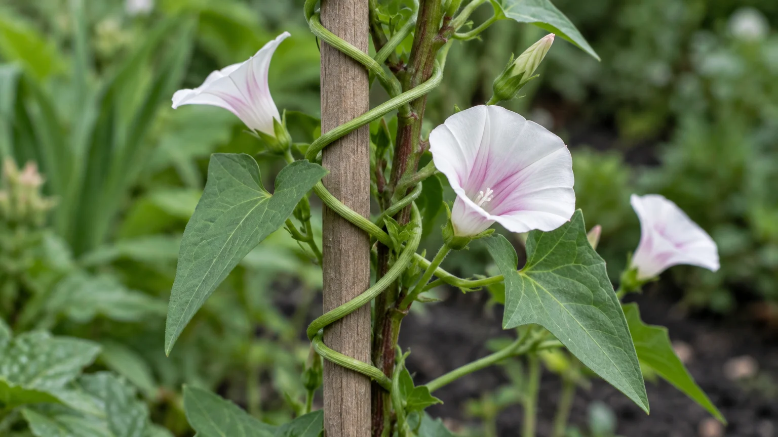 Field bindweed vine with white and pink trumpet flowers and arrowhead leaves twisting around a wooden garden stake.