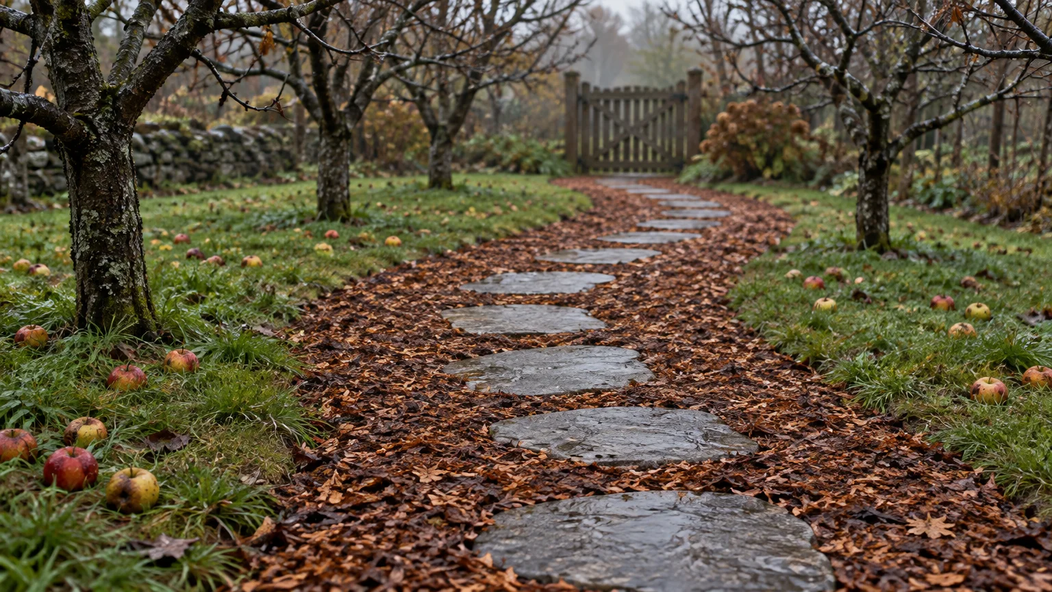 Flat stone stepping stones set in brown leaf mulch along an orchard path leading to a rustic wooden gate.