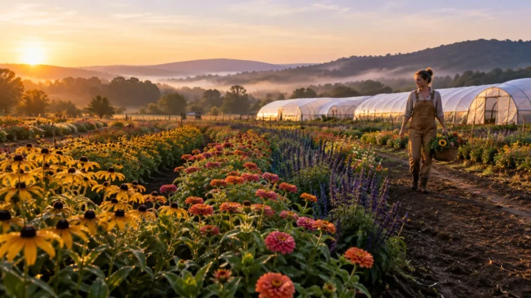 A woman carrying a basket of flowers walks along rows of blooming plants in a rural field at sunrise near greenhouses.
