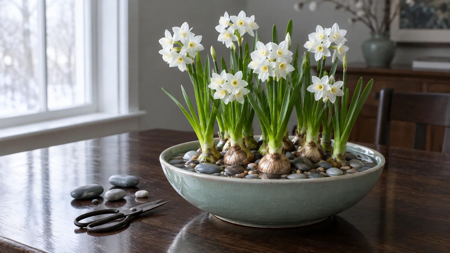 Blooming white paperwhite narcissus growing in pebbles and water inside a ceramic bowl on a wooden table.