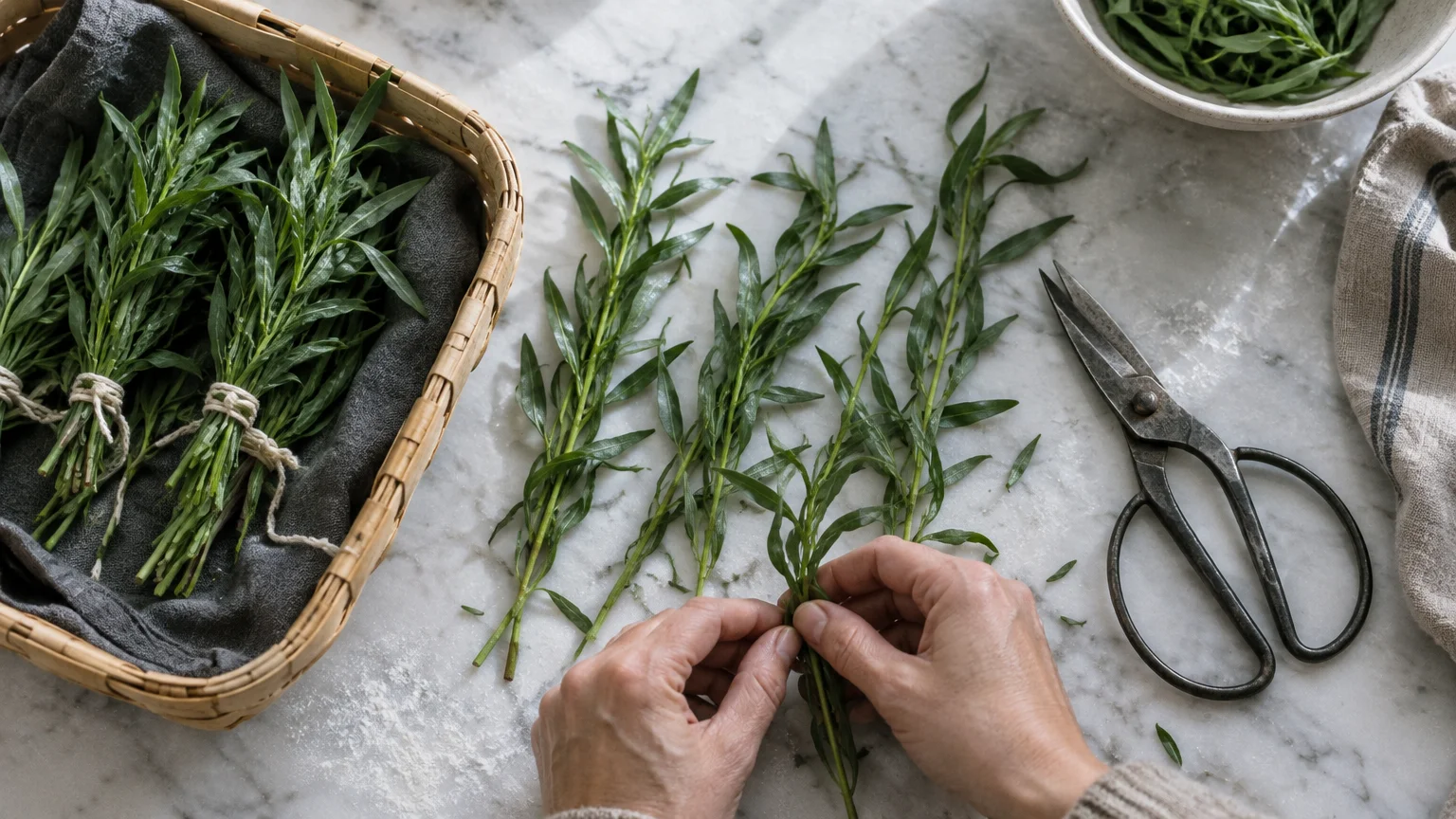 Hands sorting fresh tarragon sprigs on a marble surface next to vintage scissors and a basket of bundled herbs.