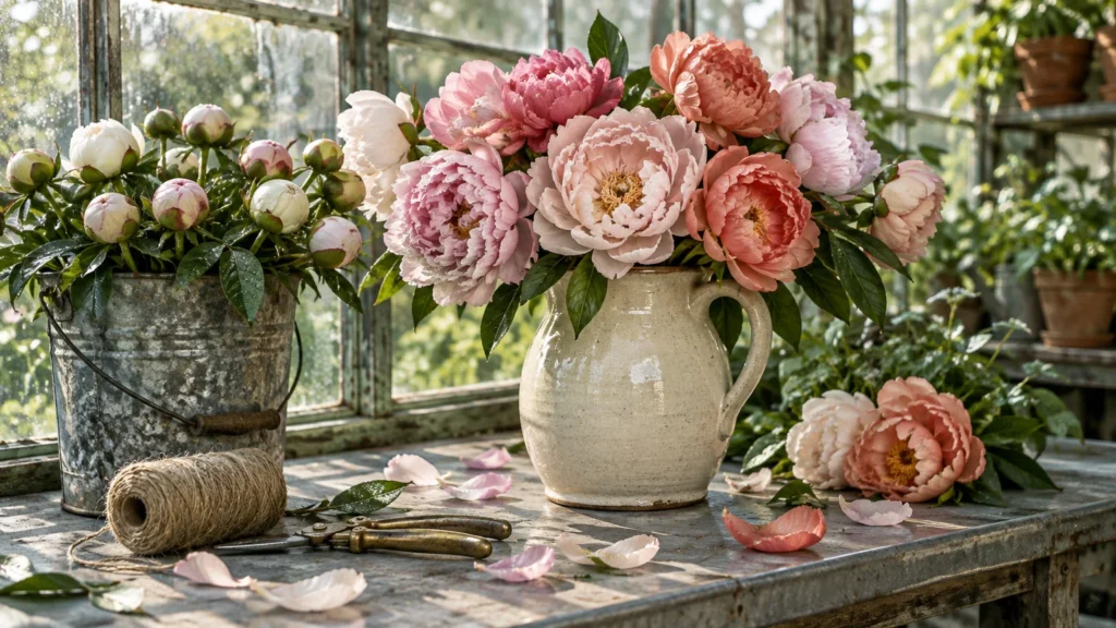 Pink and peach peonies in a ceramic pitcher on a greenhouse potting table with shears, twine, and peony buds in a bucket.