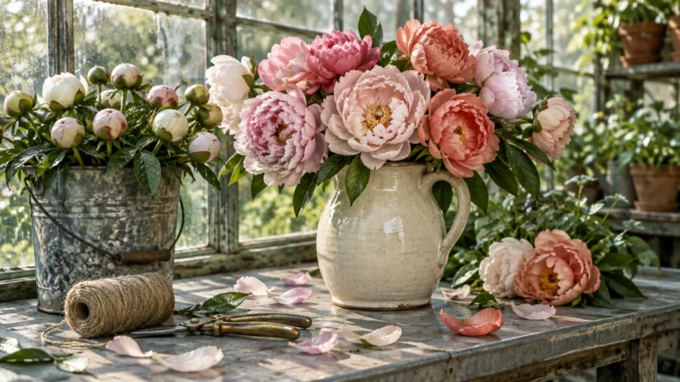 Pink and peach peonies in a ceramic pitcher on a greenhouse potting table with shears, twine, and peony buds in a bucket.