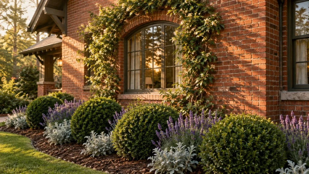 Rounded green shrubs, lavender, and silver foliage line a red brick house with climbing vines arching over an arched window.