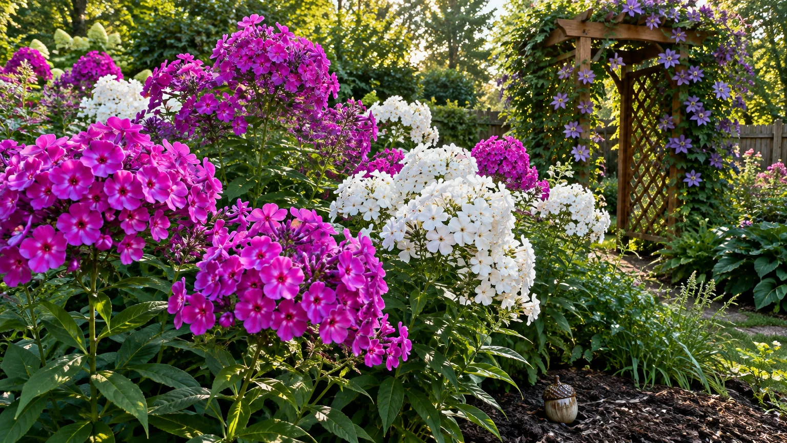 Clusters of bright magenta and white garden phlox blooming in a lush garden next to a wooden arbor draped in purple clematis.