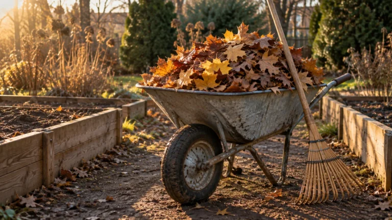 A metal wheelbarrow full of dry autumn leaves sits beside a bamboo rake in a garden with raised beds.