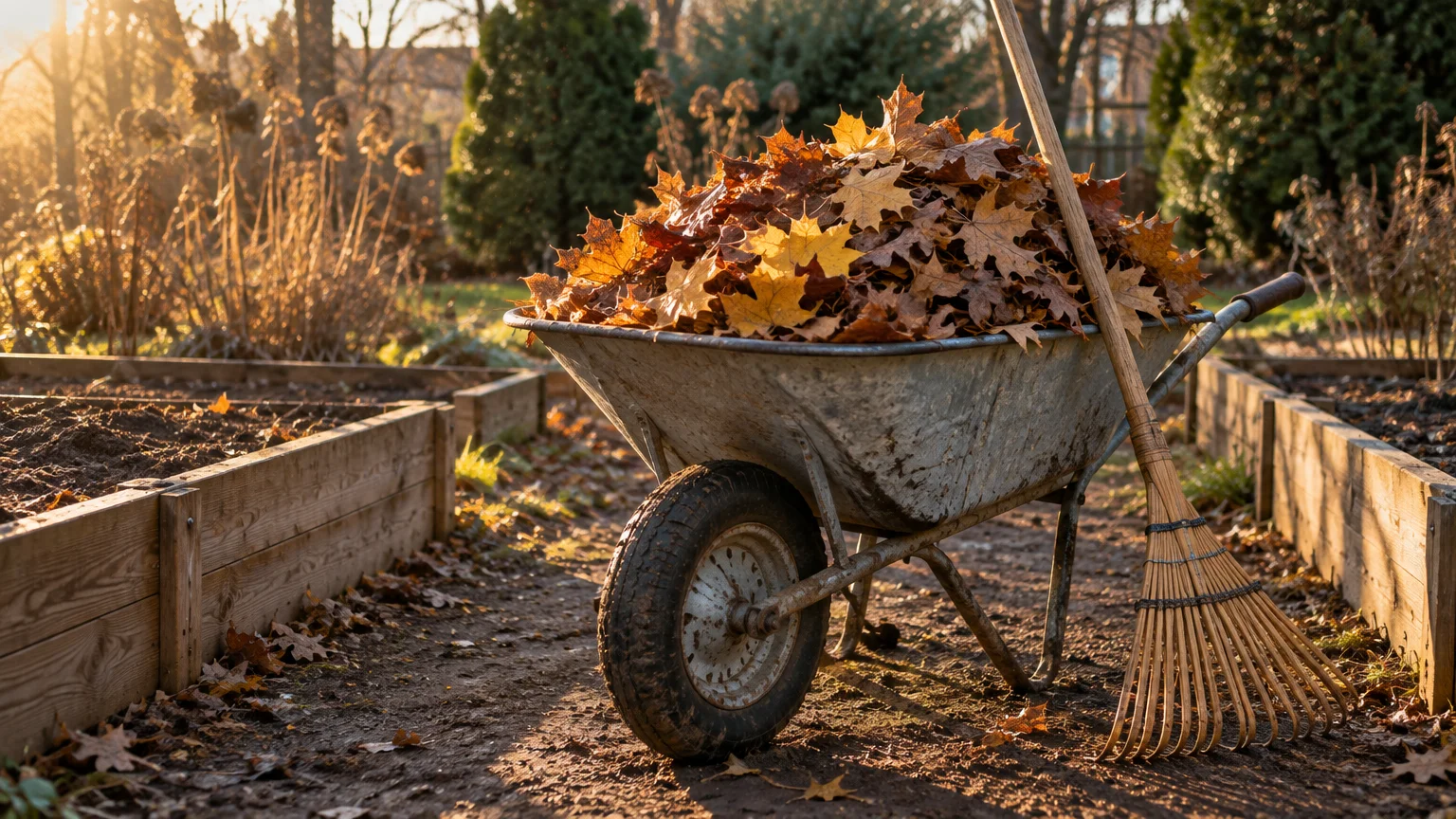 A metal wheelbarrow full of dry autumn leaves sits beside a bamboo rake in a garden with raised beds.
